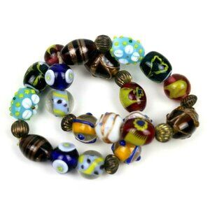Italian Glass Beaded Stretch Pair of Bracelets Set Painted Beads Multi Color